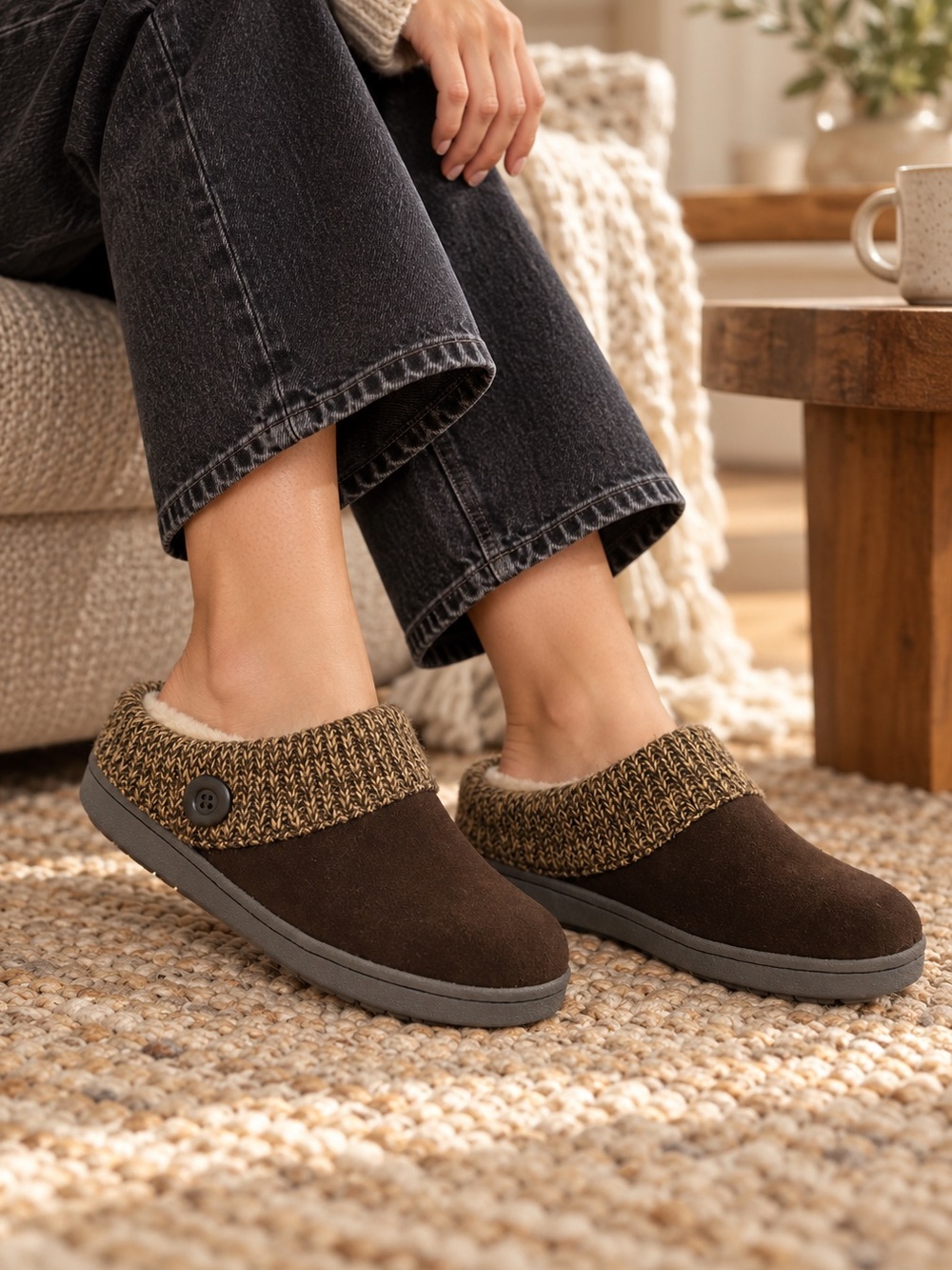 Clarks Brown Suede Knit Collar Clog Slippers, Women’s Size 10